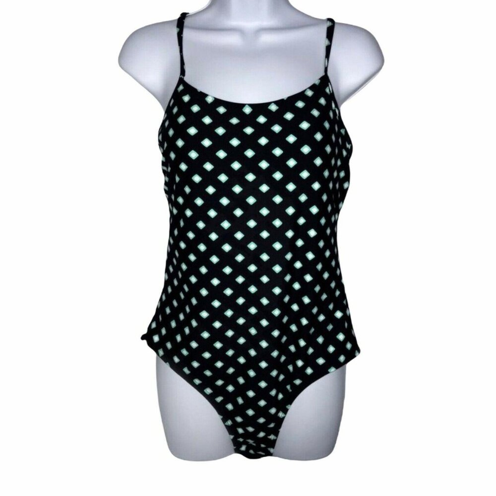 Catalina One Piece Swimsuit Womens L 12 14 Black Aqua Geometric Diamond Summer